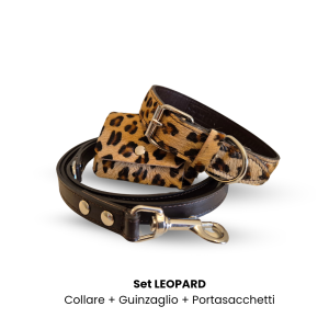 Set cane Leopard by Snug and Fit – Collare Guinzaglio Minibag – Vera Pelle Cavallino Maculata