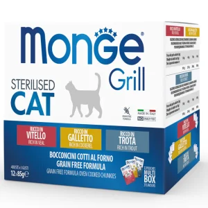 12x85g Monge Grill Sterilised Cat - Grain Free Ricco in Vitello Galletto Trota