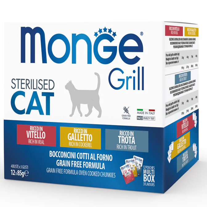 12x85g Monge Grill Sterilised Cat - Grain Free Ricco in Vitello Galletto Trota