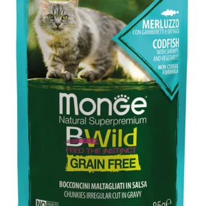 14x85g Monge BWild Grain Free Gatto Merluzzo Gamberetti Ortaggi