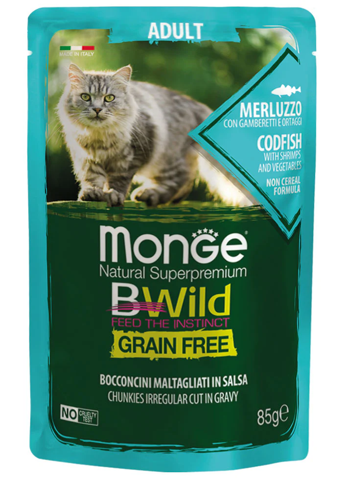 14x85g Monge BWild Grain Free Gatto Merluzzo Gamberetti Ortaggi - immagine 2