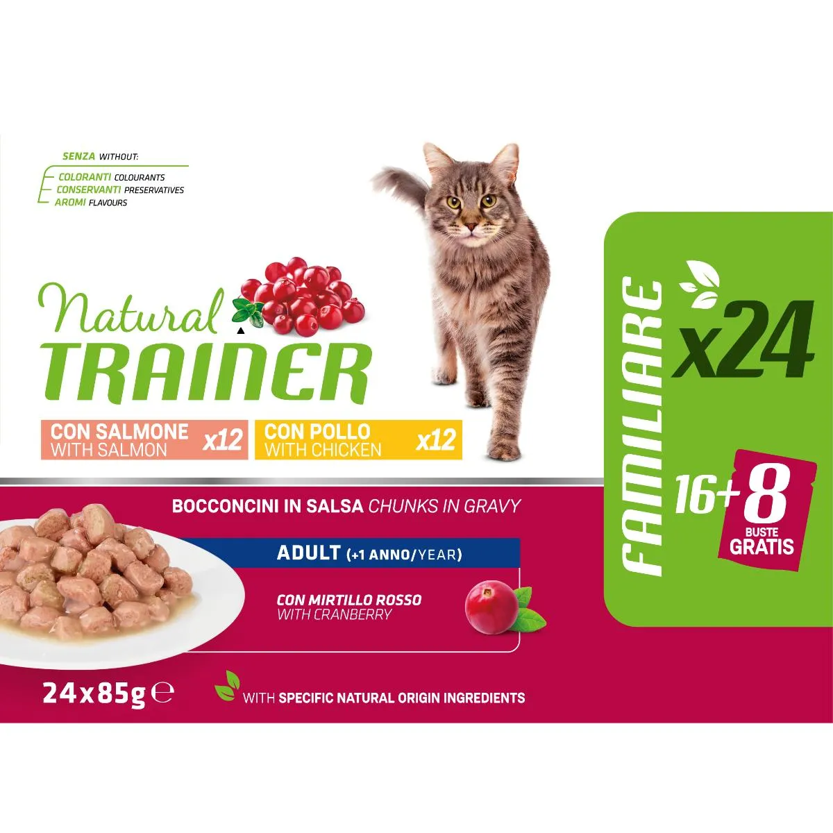 24x85g Natural Trainer Cat Busta Salmone Pollo Gatti Adulti - immagine 6