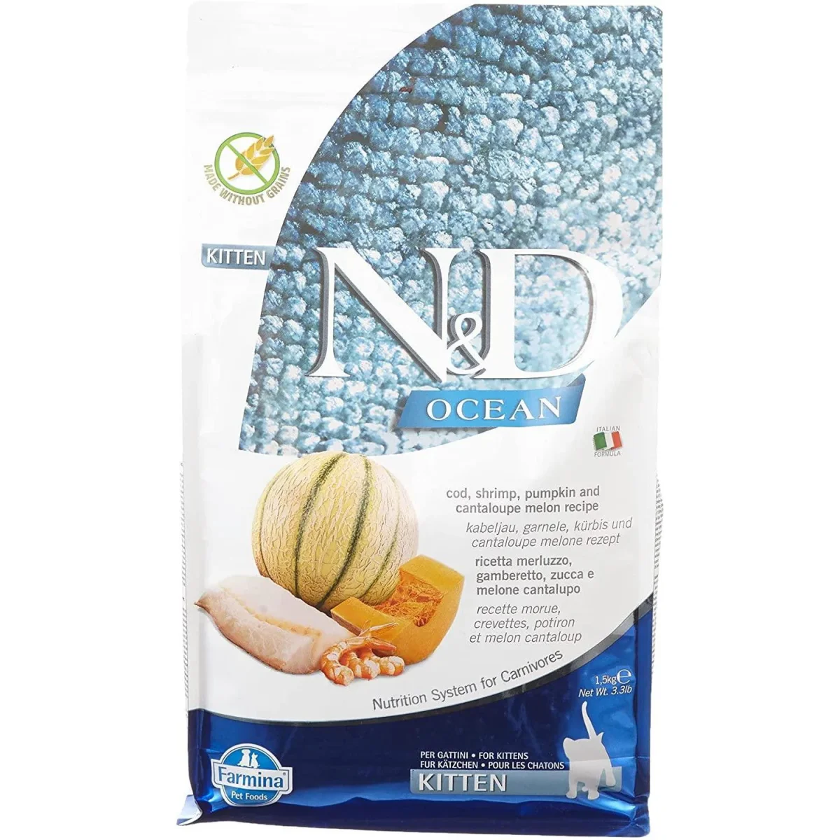 Farmina N&D Ocean Grain Free Kitten Merluzzo Gamberi e Melone 1,5kg - immagine 3