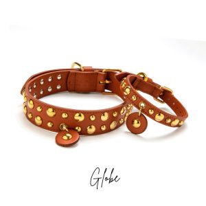 Collare cane GLOBE Vera Pelle Made in Italy – colore cuoio con sfere oro