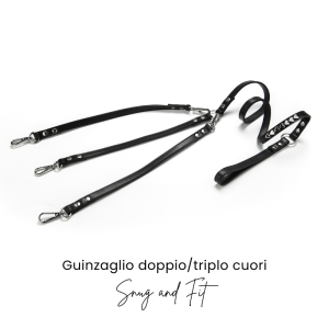 Guinzaglio doppio e triplo Snug&Fit in vera pelle nero con borchie cuore