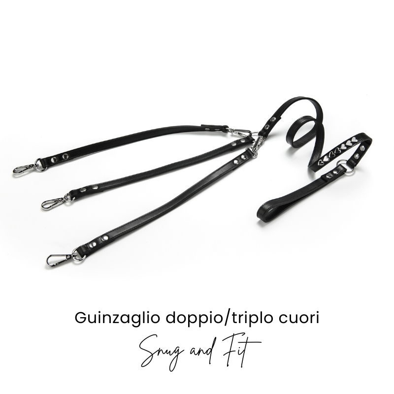 Guinzaglio doppio e triplo Snug&Fit in vera pelle nero con borchie cuore