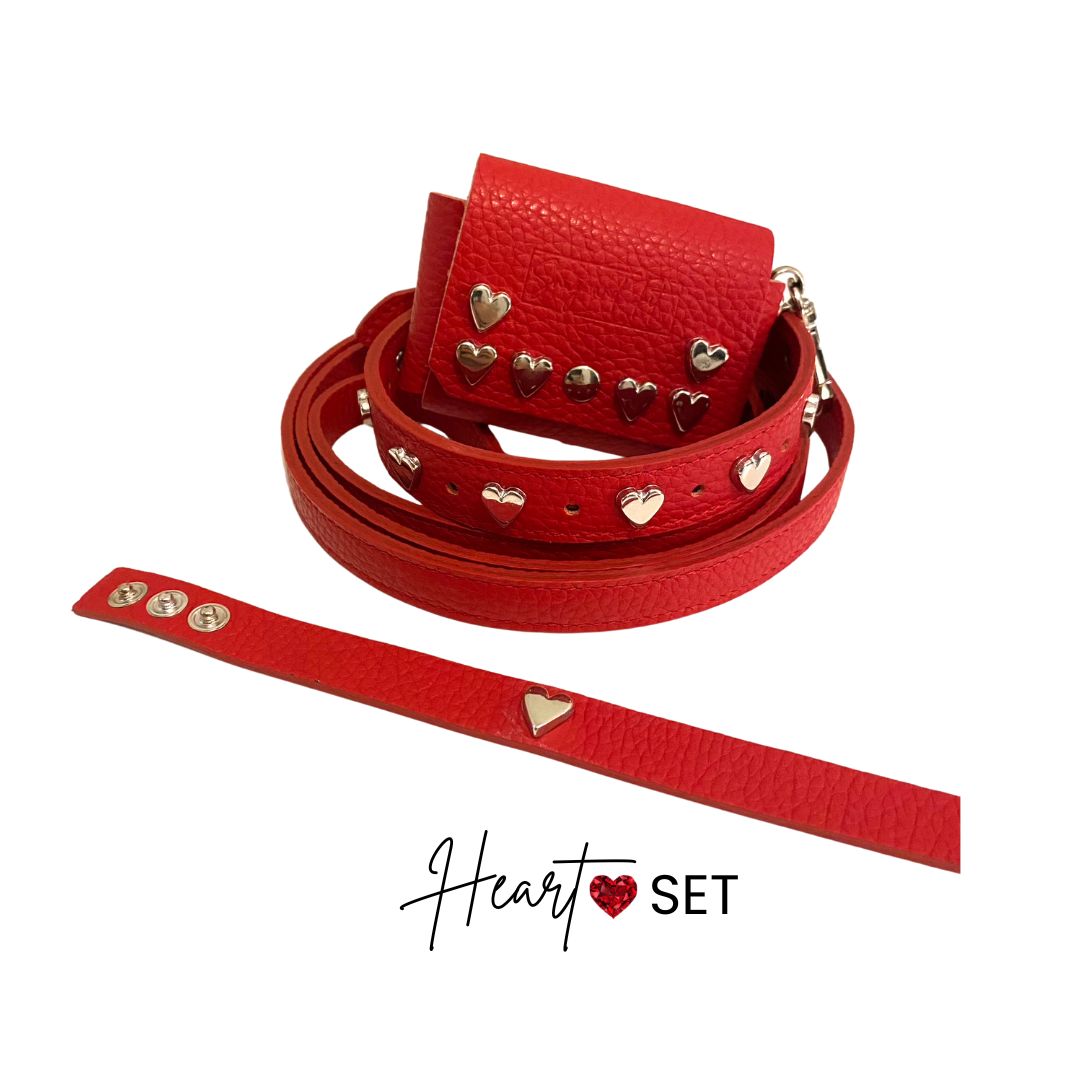 Set cane HEART by Snug&Fit – Collare Guinzaglio Minibag Bracciale – Vera Pelle Rosso - immagine 2