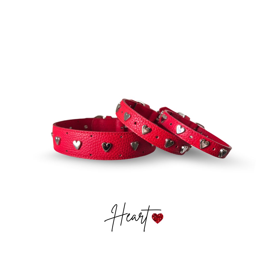 Collare cane HEART by Snugandfit – Vera Pelle – Rosso borchie Cuori - immagine 2