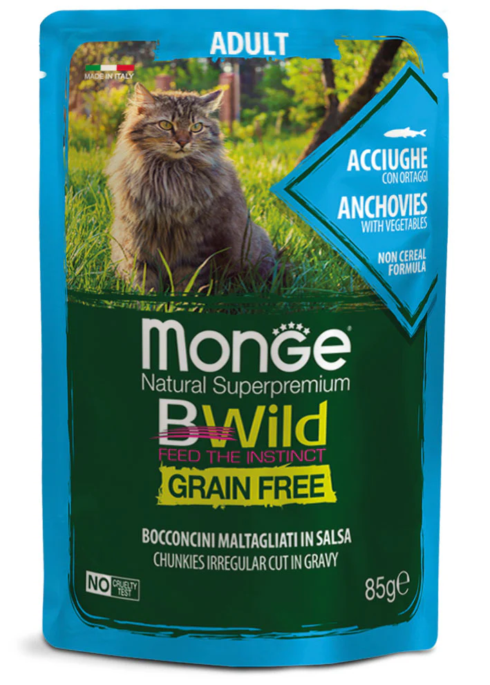 14x85g Monge BWild Grain Free Acciughe Ortaggi - Umido Gatto Adulto - immagine 2