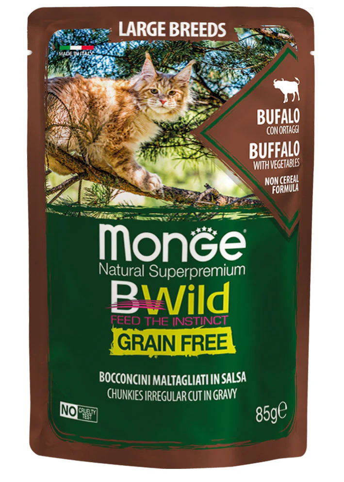 28x85g Monge BWild Grain Free Gatto Bufalo Ortaggi Large Breeds - immagine 2