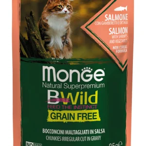 14x85g Monge BWild Grain Free Sterilised Salmone Gamberetti Ortaggi - Umido Gatto
