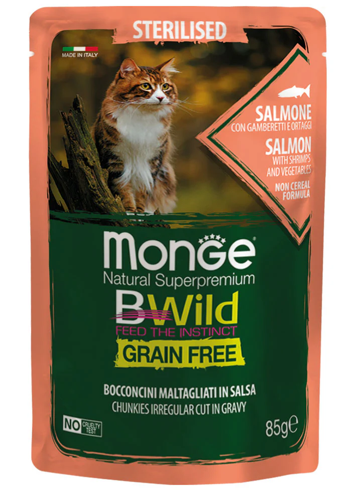 14x85g Monge BWild Grain Free Sterilised Salmone Gamberetti Ortaggi - Umido Gatto - immagine 2