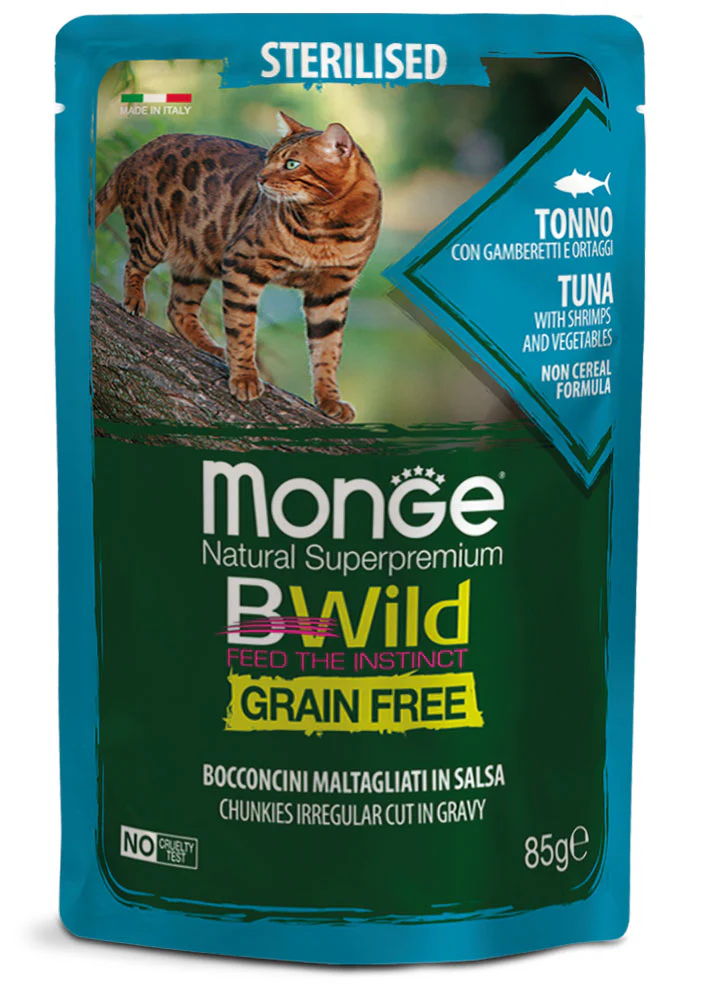 28x85g Monge BWild Grain Free Sterilised Tonno Gamberetti Ortaggi - Umido Gatto
