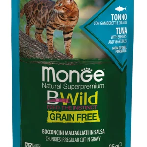 14x85g Monge BWild Grain Free Sterilised Tonno Gamberetti Ortaggi - Umido Gatto