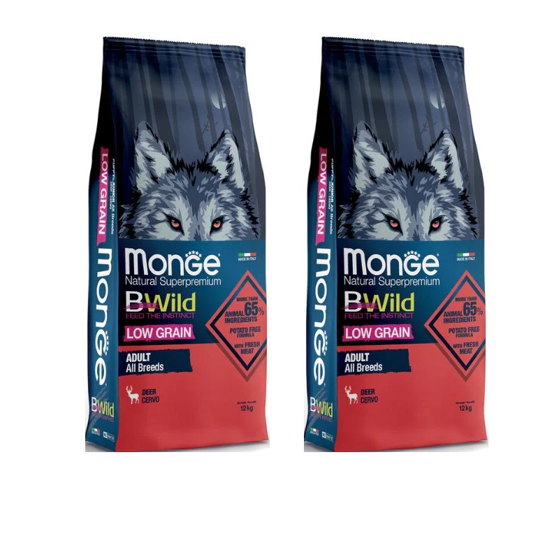 2x12kg Monge BWild Low Grain Adult Cervo - Crocchette per Cani