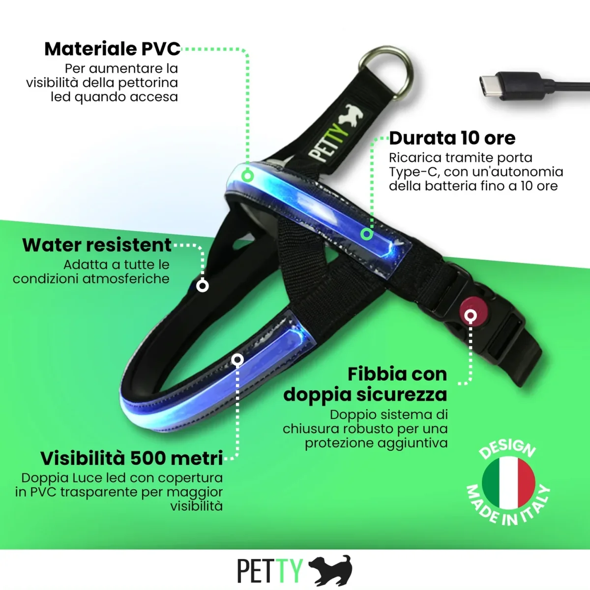 Petty Pettorina Norvegese LED Rosso S - Protezione Totale 500m - immagine 8