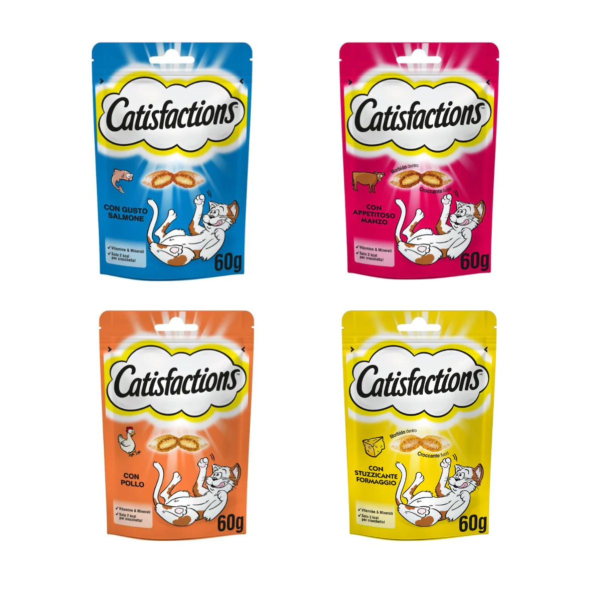 4x60g Catisfactions con Pollo Formaggio Salmone Manzo - Gatto
