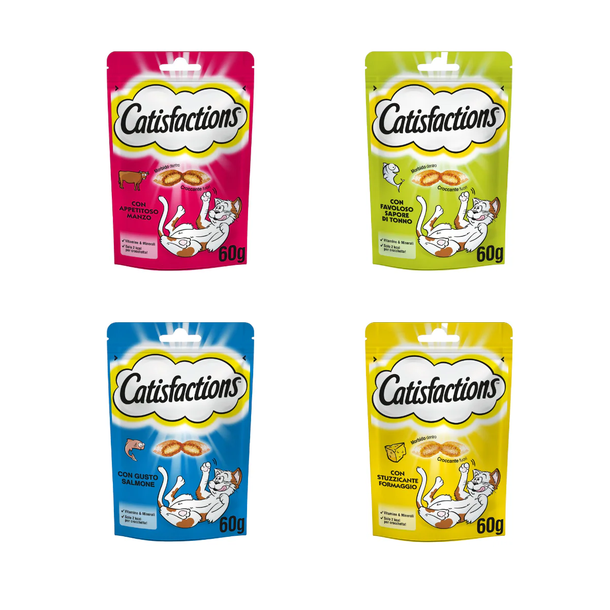 4x60g Catisfactions Kit 4 Gusti - Manzo Salmone Tonno Formaggio - Snack Gatti