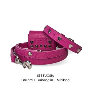Set cane Snug&Fit – Collare Guinzaglio Minibag – Vera Pelle Fucsia