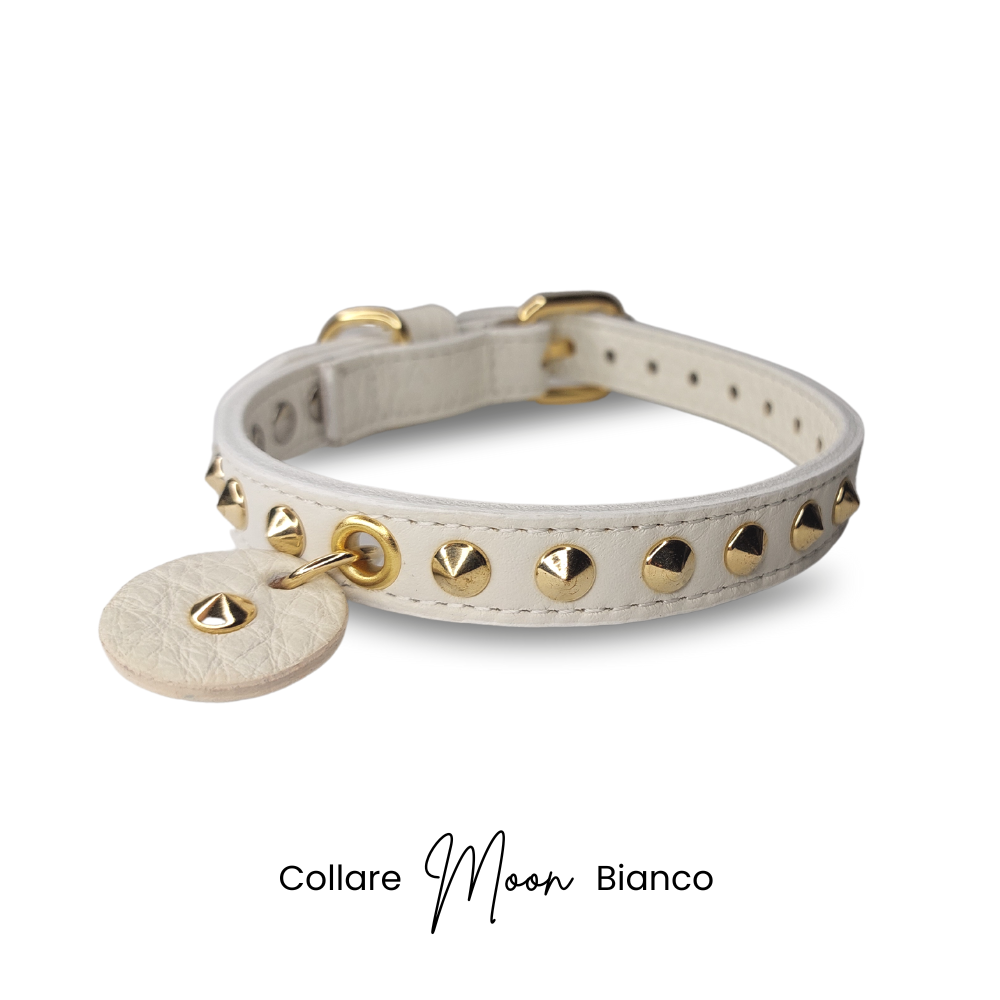 Collare cane Snug&Fit MOON in vera pelle bianco panna con borchie oro