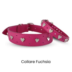 Collare cane Linea Fuchsia in vera pelle fucsia e borchie cuore