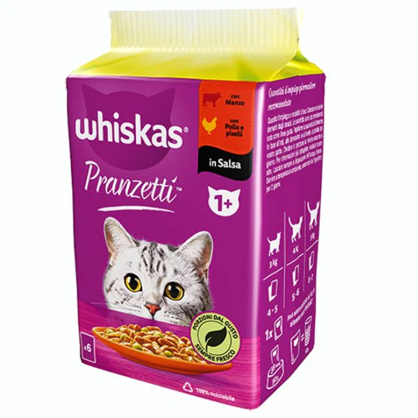 Whiskas Pranzetti con Manzo Pollo e Piselli in Salsa 1+ 6x50g - immagine 2