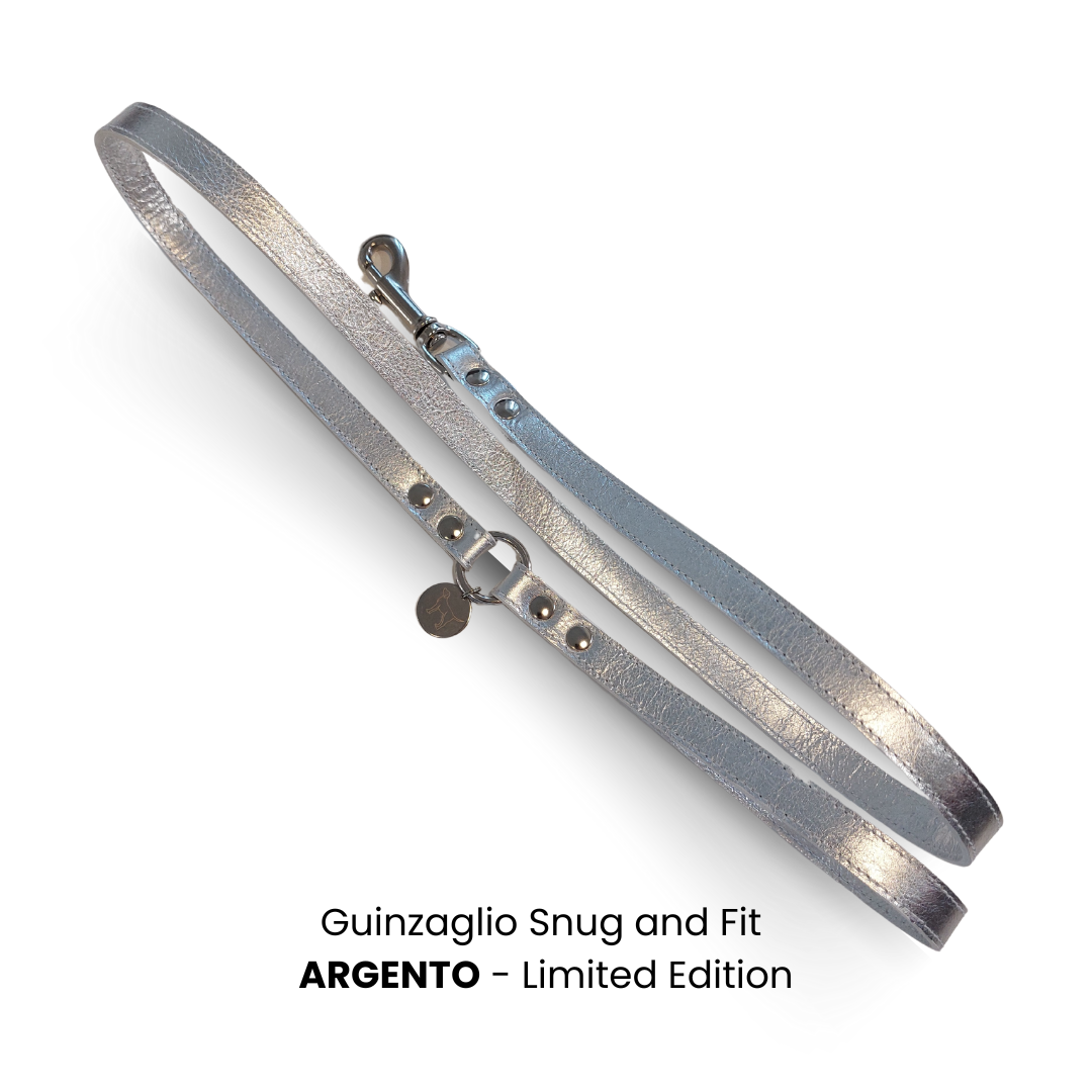 Guinzaglio cane Snug&Fit in Vera Pelle Argento – Limited Edition – Realizzato a mano, Made in Italy